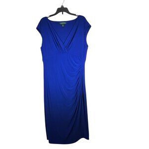 LAUREN RALPH LAUREN Dress Size 12 Royal Blue Ruched Faux Wrap Sleeveless Knee